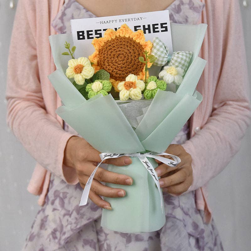 Hand Knitted Smiling Sunflower Bouquet, Mother's Day Graduation Gift, Crochet Flower Art