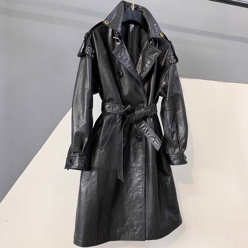 CT181Y Women’s Mid-Length Stylish Waxed Leather Trench Coat