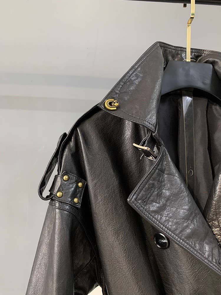 CT181Y Women’s Mid-Length Stylish Waxed Leather Trench Coat