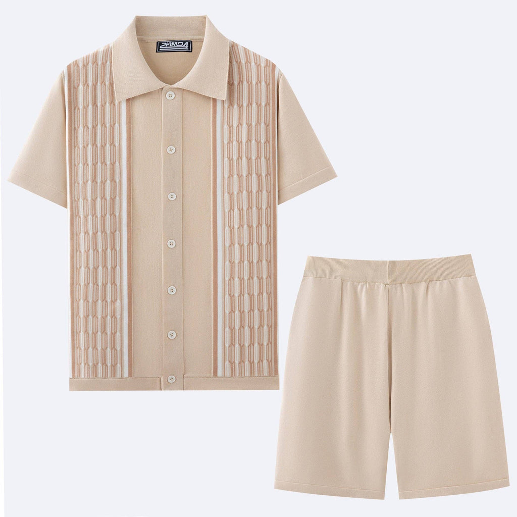 Men's Casual Knit Set Color Block Cardigan and Shorts