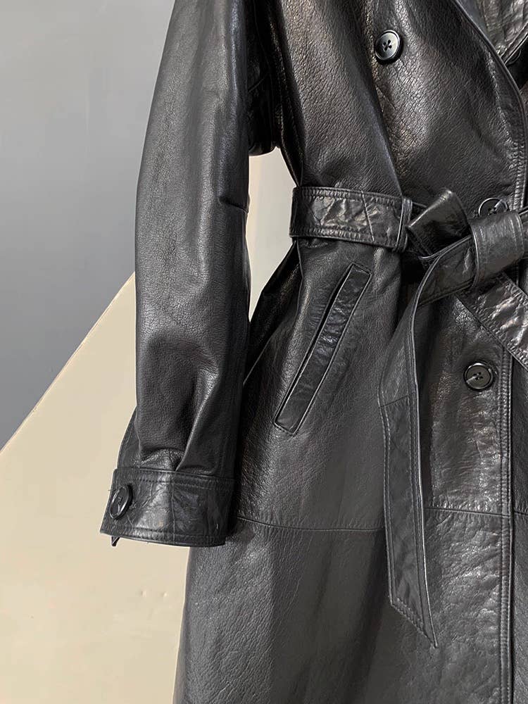 CT181Y Women’s Mid-Length Stylish Waxed Leather Trench Coat