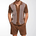 Men's Casual Knit Set Color Block Cardigan and Shorts