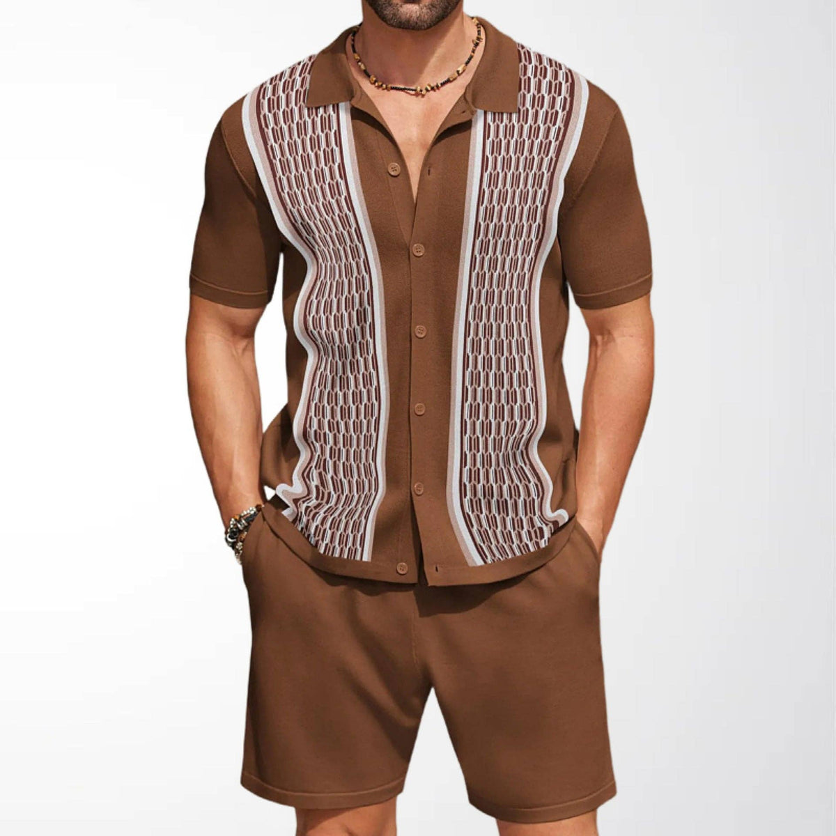 Men's Casual Knit Set Color Block Cardigan and Shorts