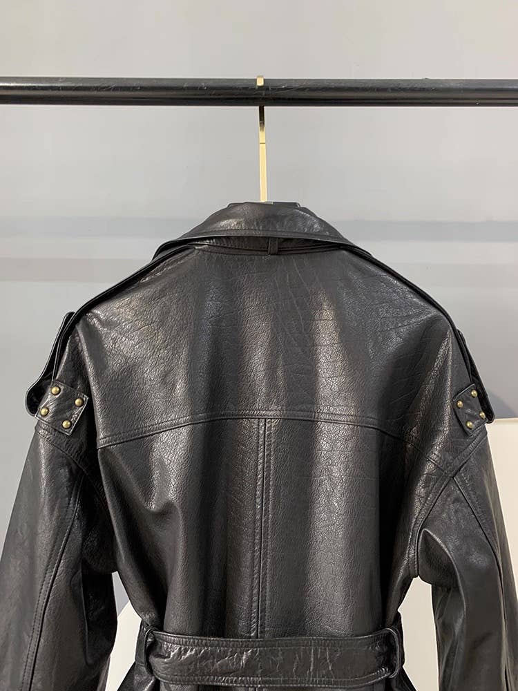 CT181Y Women’s Mid-Length Stylish Waxed Leather Trench Coat