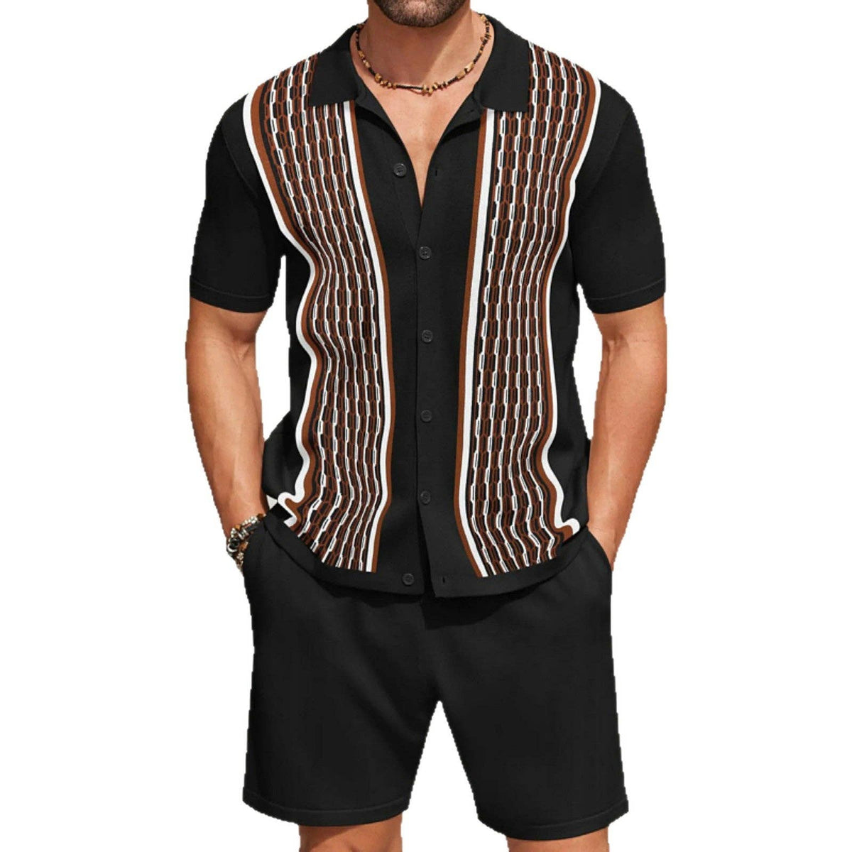 Men's Casual Knit Set Color Block Cardigan and Shorts