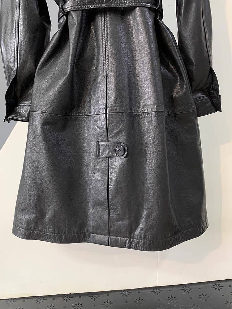 CT181Y Women’s Mid-Length Stylish Waxed Leather Trench Coat