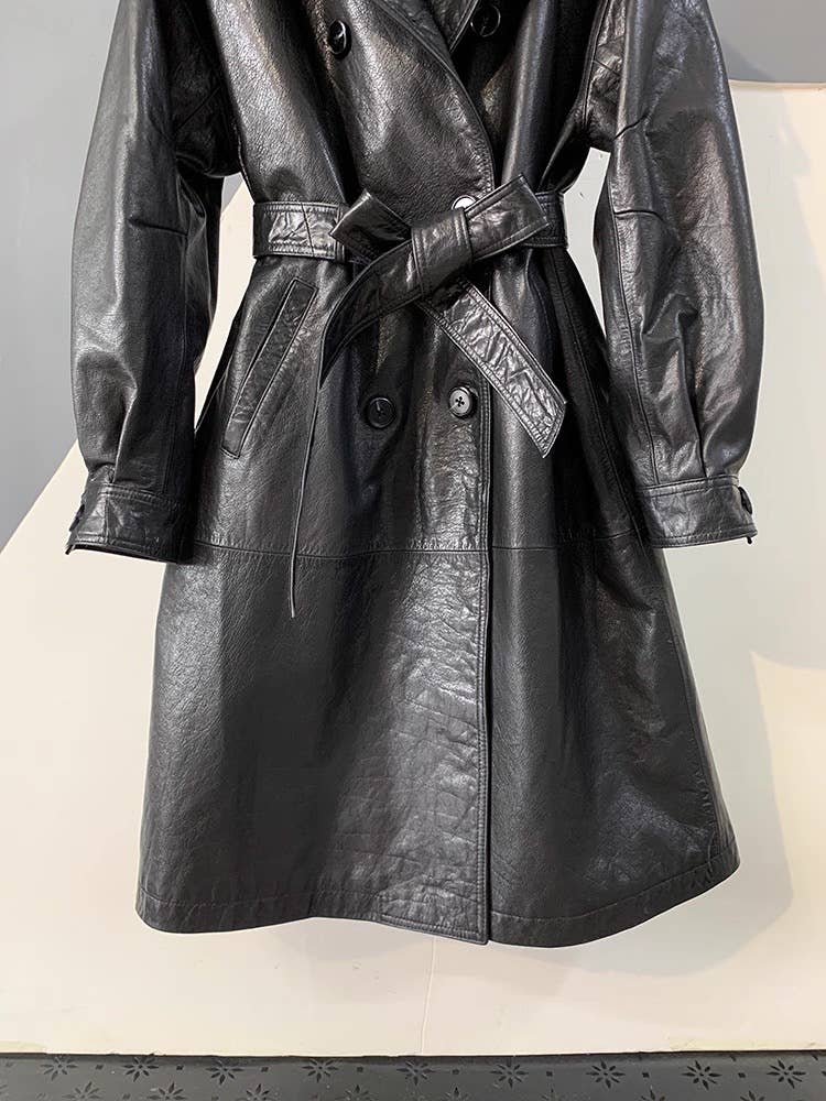 CT181Y Women’s Mid-Length Stylish Waxed Leather Trench Coat