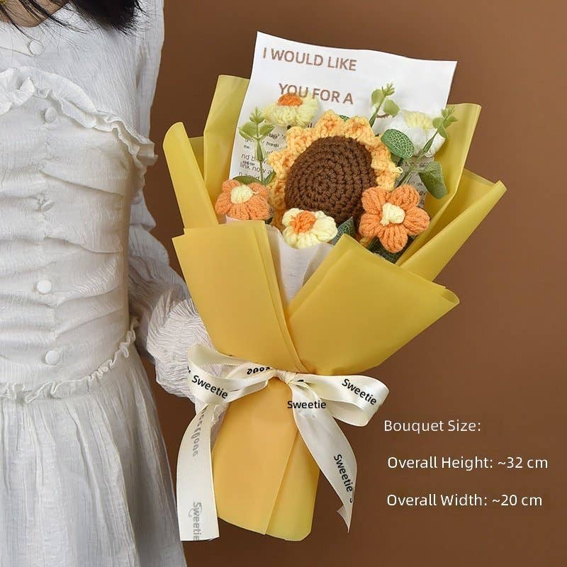 Handmade Crochet Sunflower Bouquet, Artificial Silk Rose, Graduation Gift, Everlasting Flowers For Mother's Day