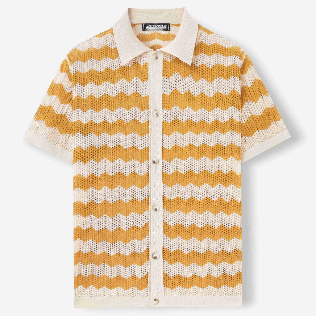 Retro Wave Pattern Knitted Polo Shirt Casual Summer Short Sleeve