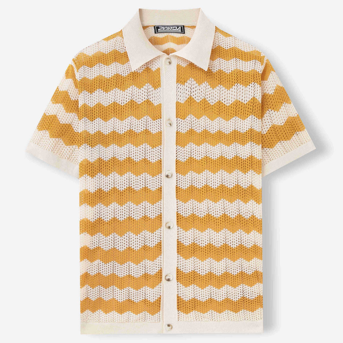Retro Wave Pattern Knitted Polo Shirt Casual Summer Short Sleeve