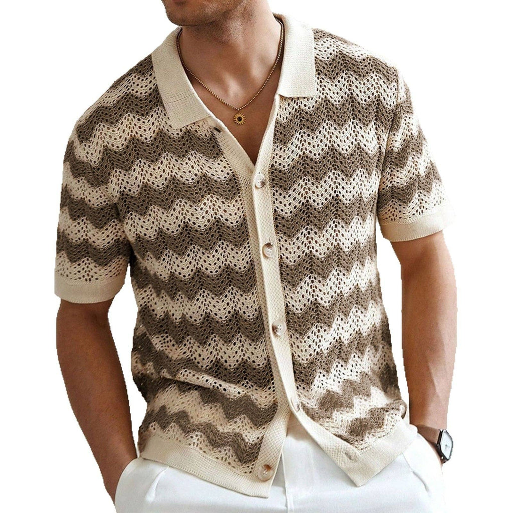 Retro Wave Pattern Knitted Polo Shirt Casual Summer Short Sleeve
