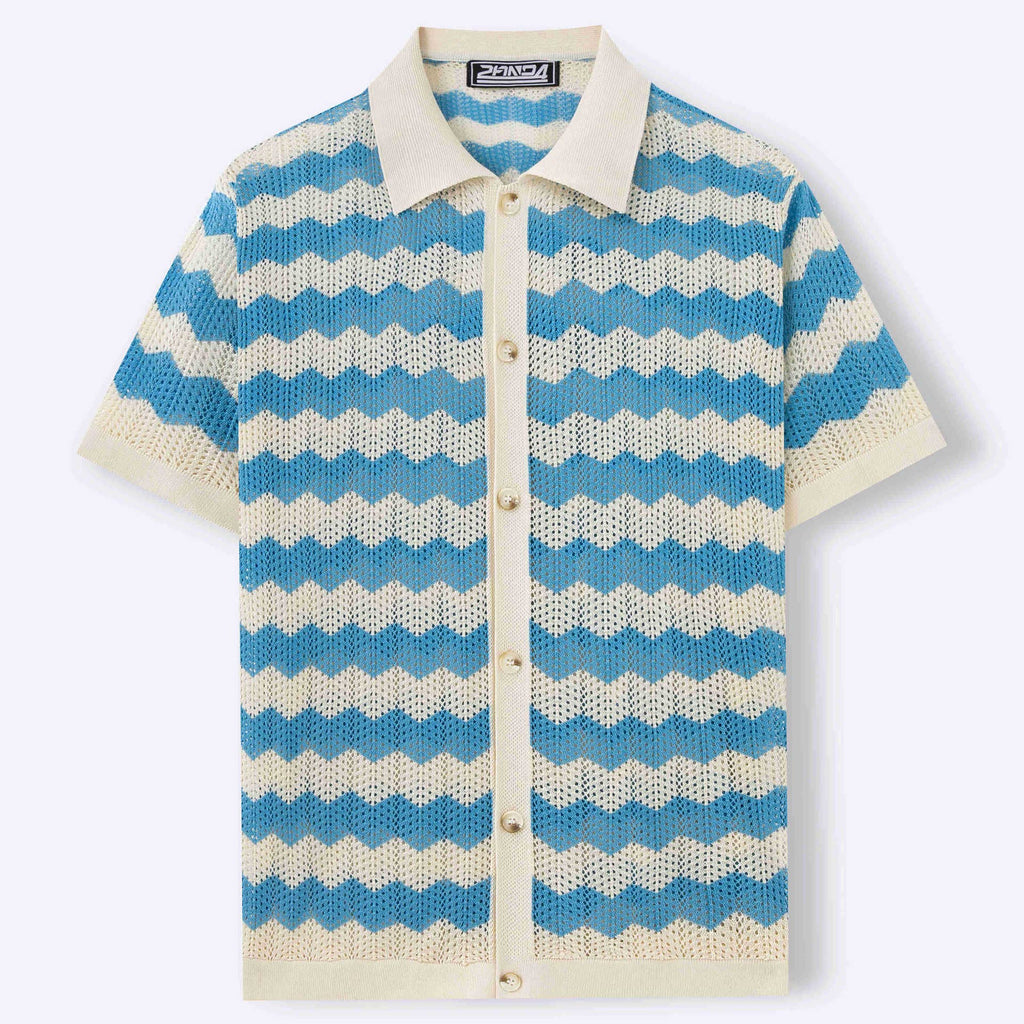 Retro Wave Pattern Knitted Polo Shirt Casual Summer Short Sleeve
