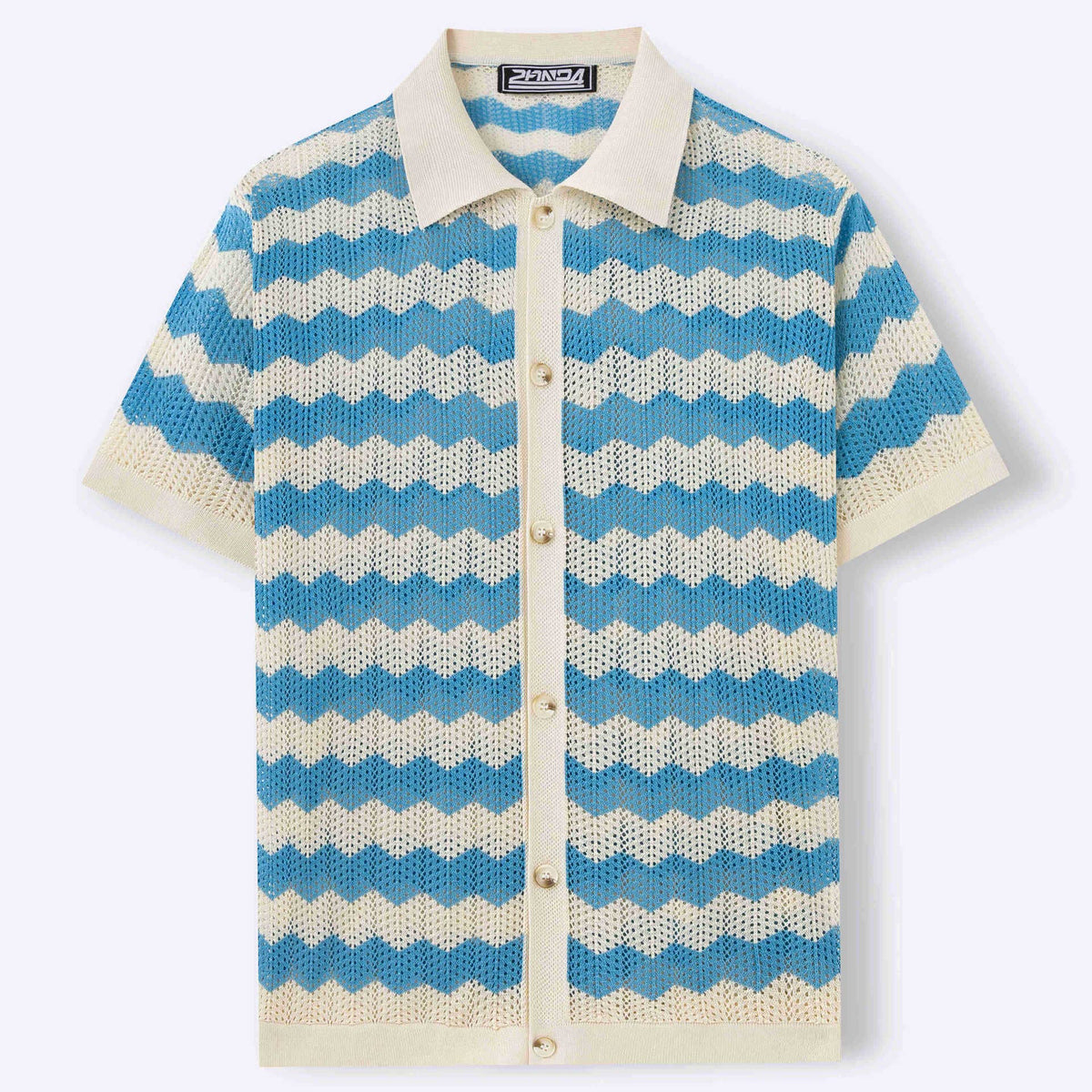 Retro Wave Pattern Knitted Polo Shirt Casual Summer Short Sleeve