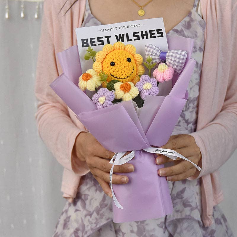 Hand Knitted Smiling Sunflower Bouquet, Mother's Day Graduation Gift, Crochet Flower Art