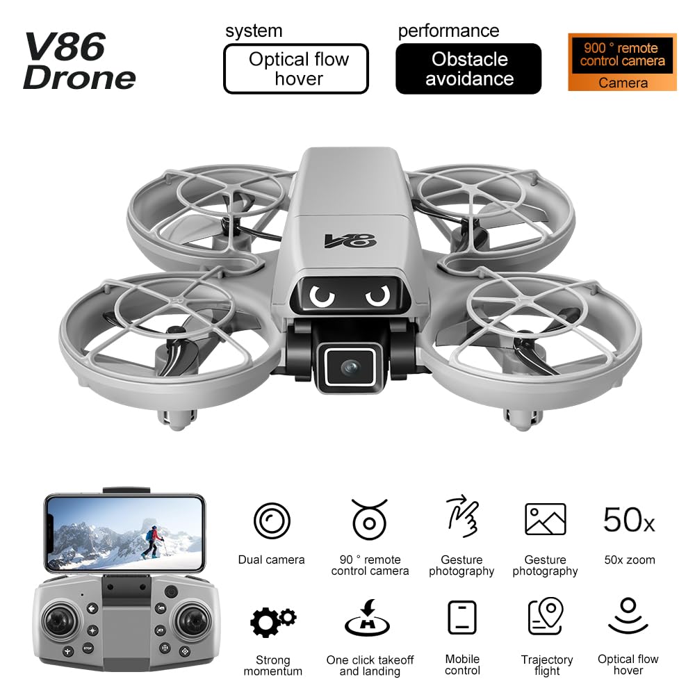 AxrumRC V86 Mini RC Drone 720p Camera LED Lights Obstacle Avoidance Gray