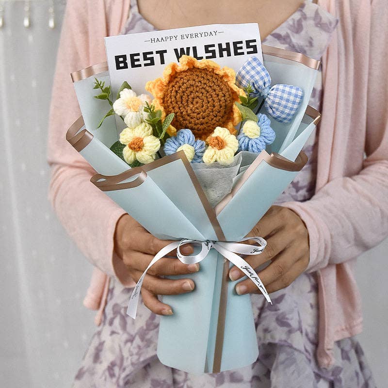 Hand Knitted Smiling Sunflower Bouquet, Mother's Day Graduation Gift, Crochet Flower Art