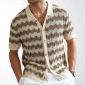 Retro Wave Pattern Knitted Polo Shirt Casual Summer Short Sleeve