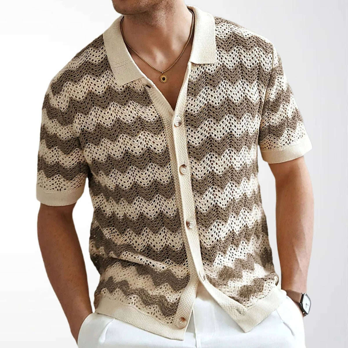 Retro Wave Pattern Knitted Polo Shirt Casual Summer Short Sleeve