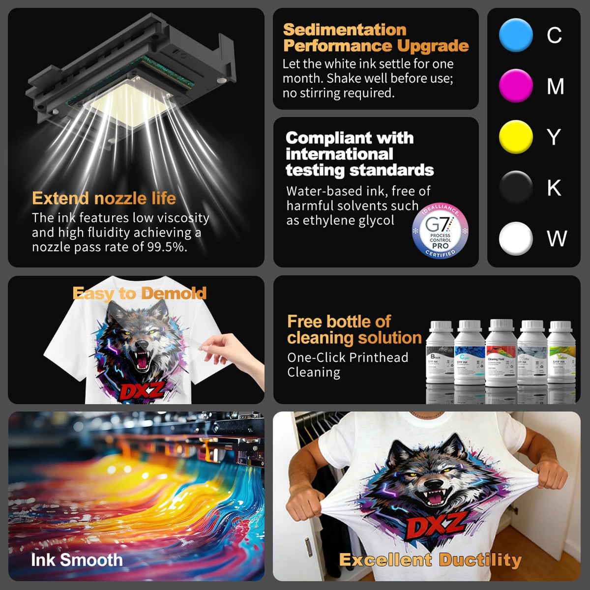 DXZ Premium DTF Ink 1250ML,DTF Transfer Ink for PET Film,Refill for DTF Printers