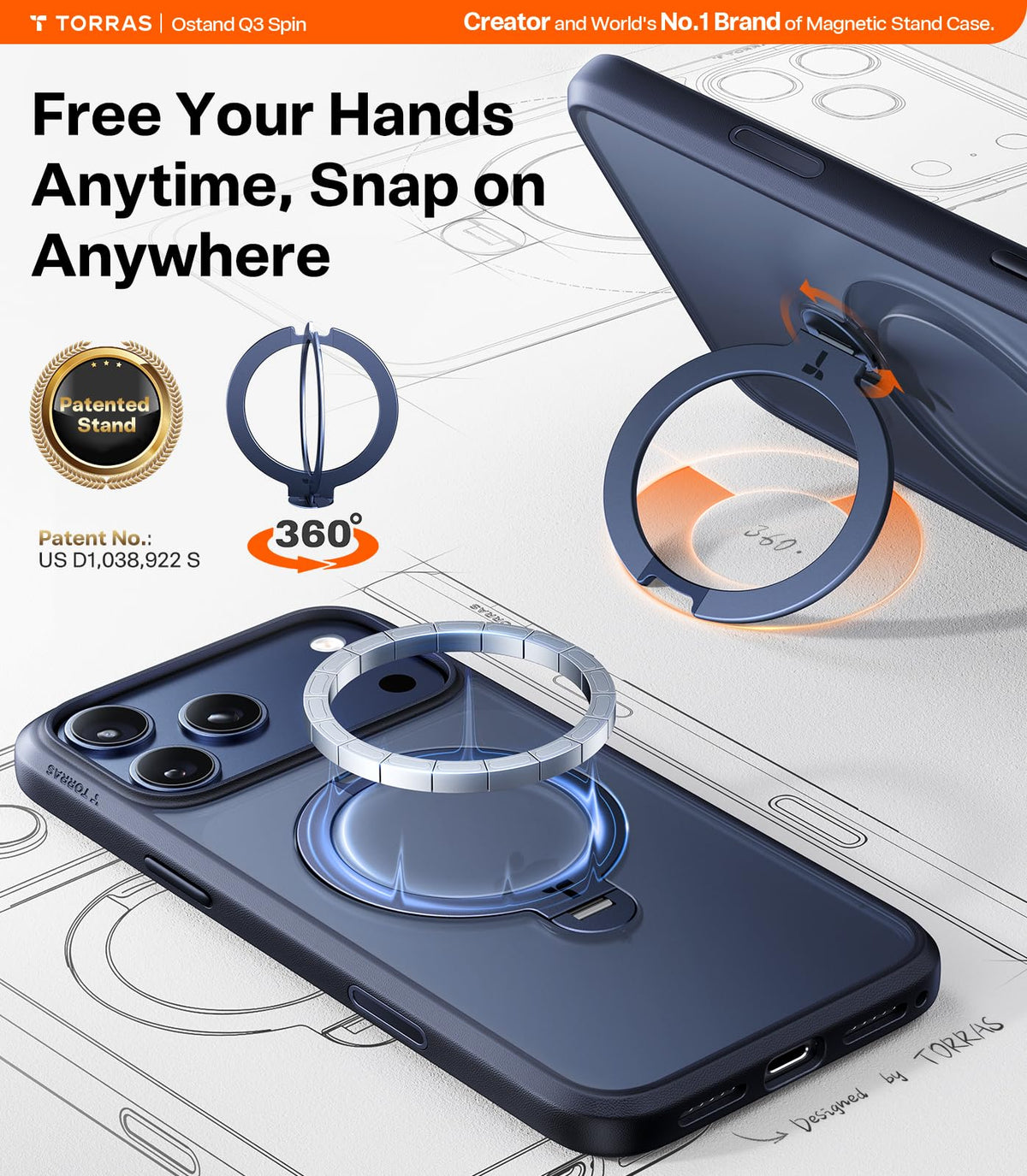 TORRAS Q3 Spin for iPhone 17 Pro Max Case with 360 Magnetic Stand Blue