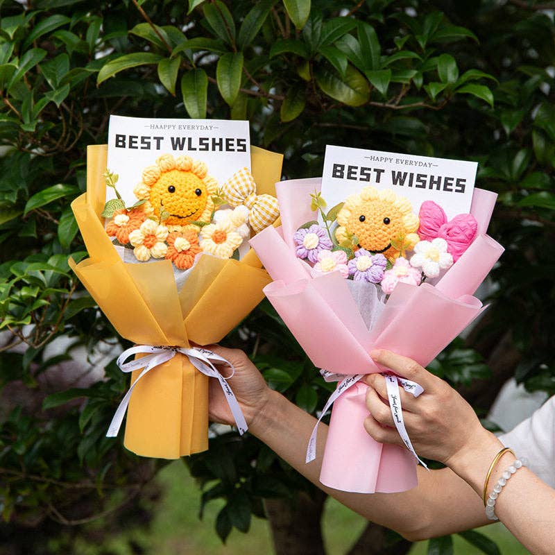 Hand Knitted Smiling Sunflower Bouquet, Mother's Day Graduation Gift, Crochet Flower Art