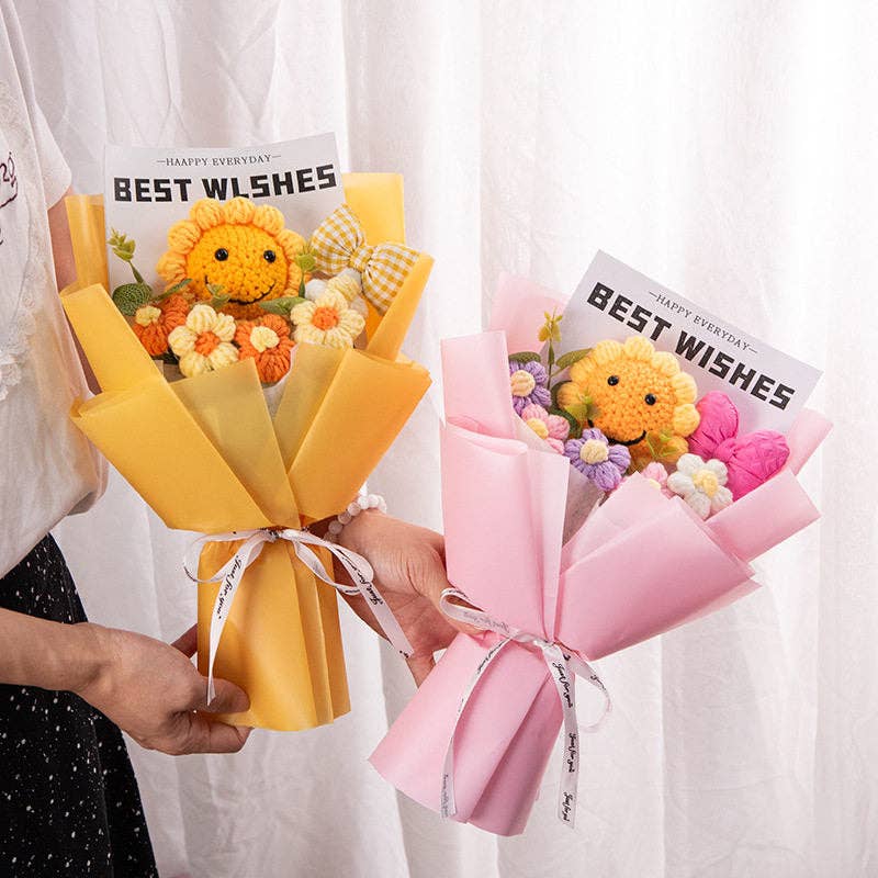 Hand Knitted Smiling Sunflower Bouquet, Mother's Day Graduation Gift, Crochet Flower Art