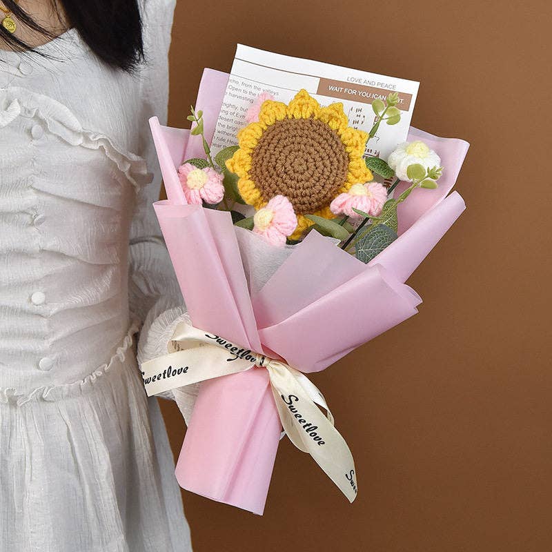 Handmade Crochet Sunflower Bouquet, Artificial Silk Rose, Graduation Gift, Everlasting Flowers For Mother's Day