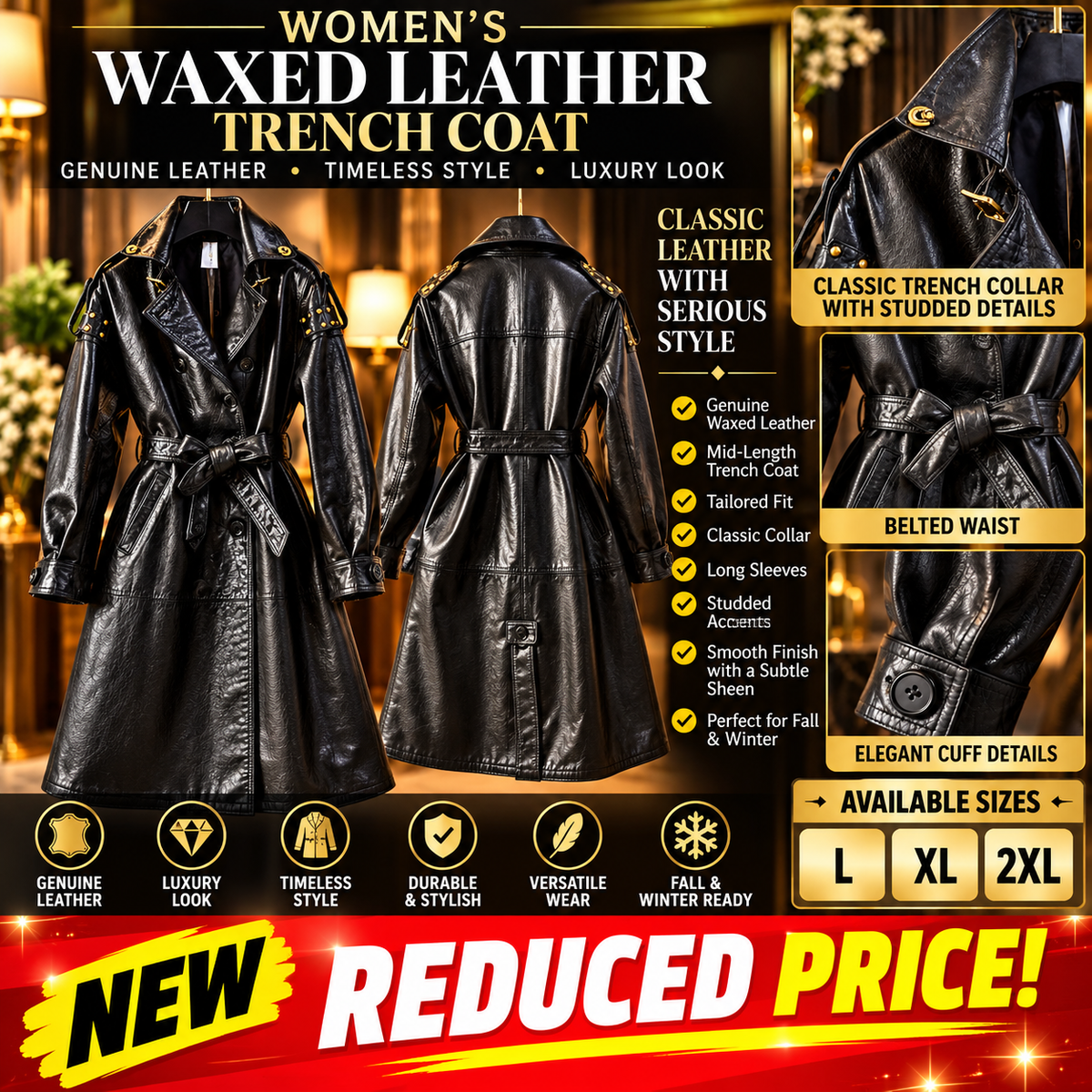 CT181Y Women’s Mid-Length Stylish Waxed Leather Trench Coat