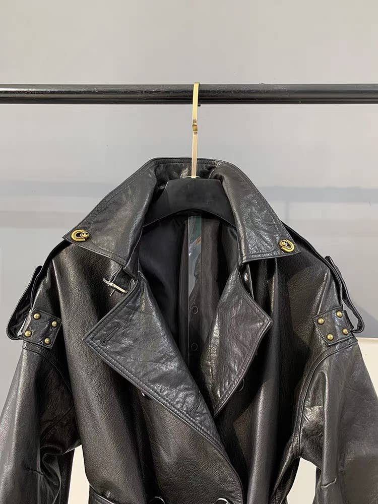 CT181Y Women’s Mid-Length Stylish Waxed Leather Trench Coat