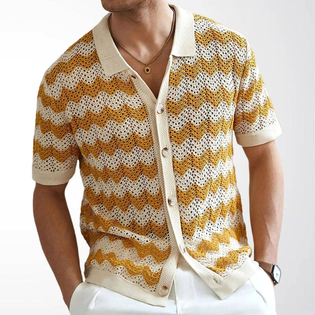 Retro Wave Pattern Knitted Polo Shirt Casual Summer Short Sleeve