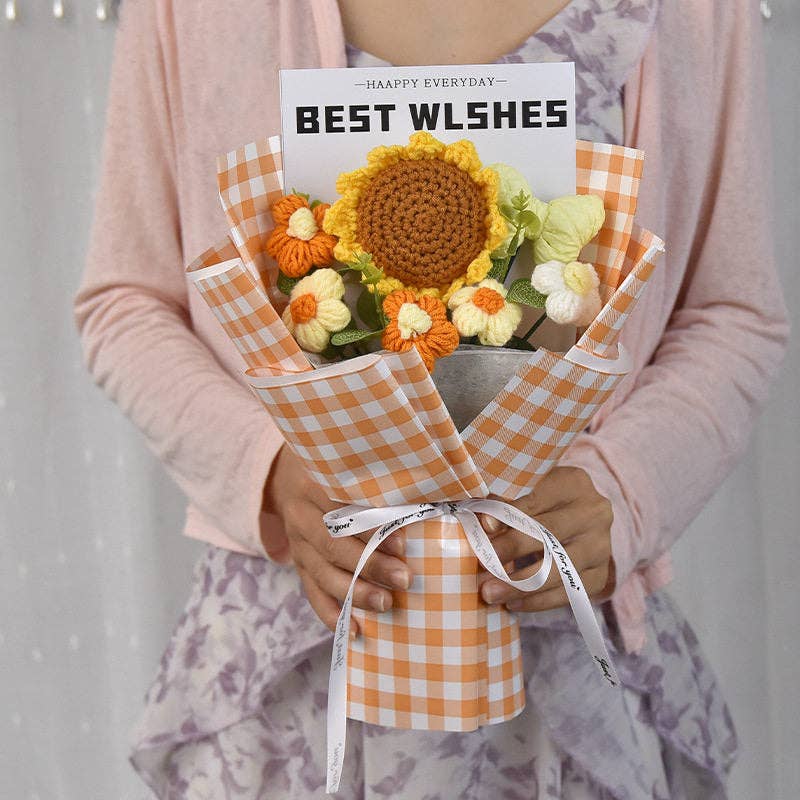 Hand Knitted Smiling Sunflower Bouquet, Mother's Day Graduation Gift, Crochet Flower Art