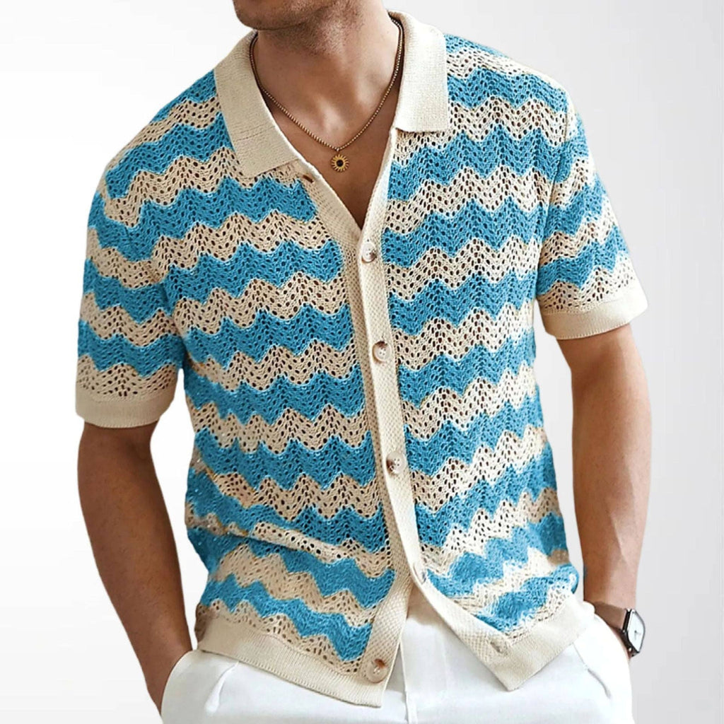 Retro Wave Pattern Knitted Polo Shirt Casual Summer Short Sleeve