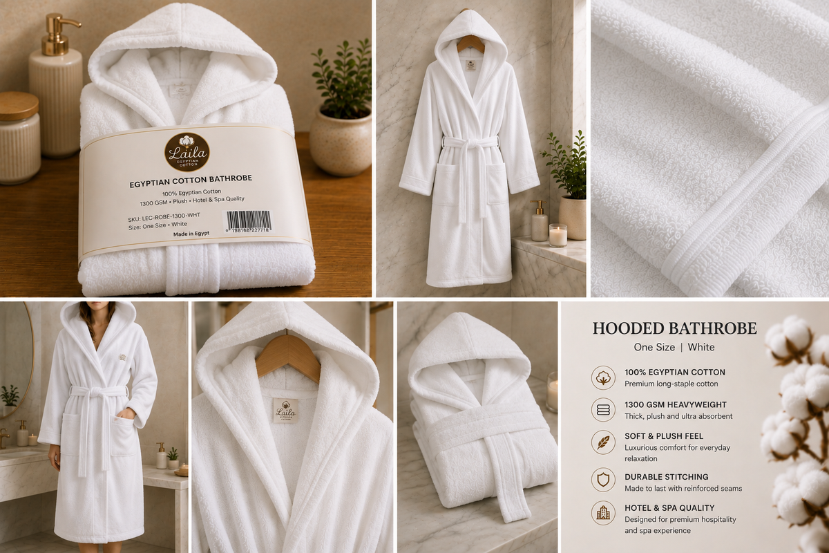 Egyptian Cotton Bathrobe 1300 grams, Plush Hotel & Spa Robe, White