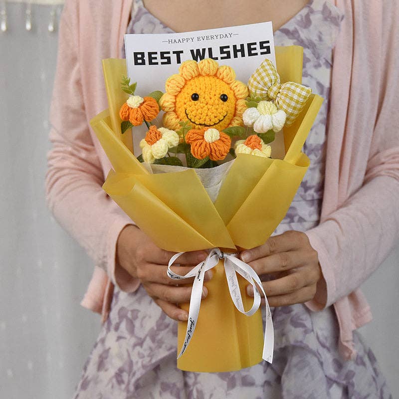 Hand Knitted Smiling Sunflower Bouquet, Mother's Day Graduation Gift, Crochet Flower Art