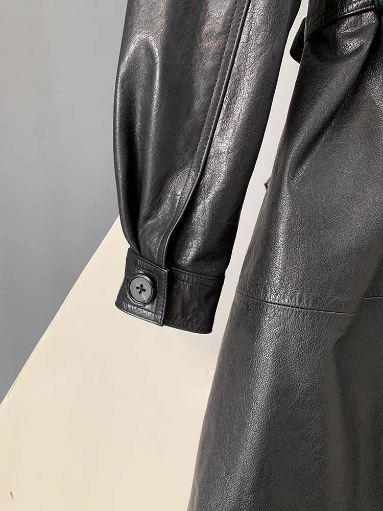 CT181Y Women’s Mid-Length Stylish Waxed Leather Trench Coat