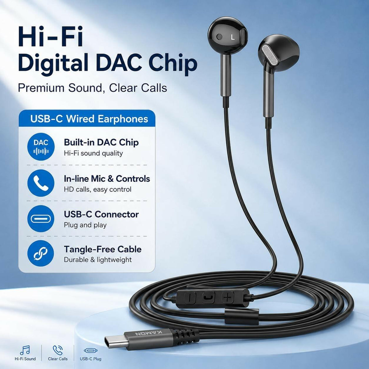 USB-C DAC Wired Earbuds HD Mic Volume Control, Black