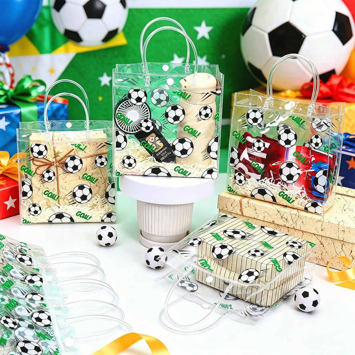 Zenoble 24 PCS World Soccer Cup Goody Bags PVC Clear Snack Gift Goodie Candy