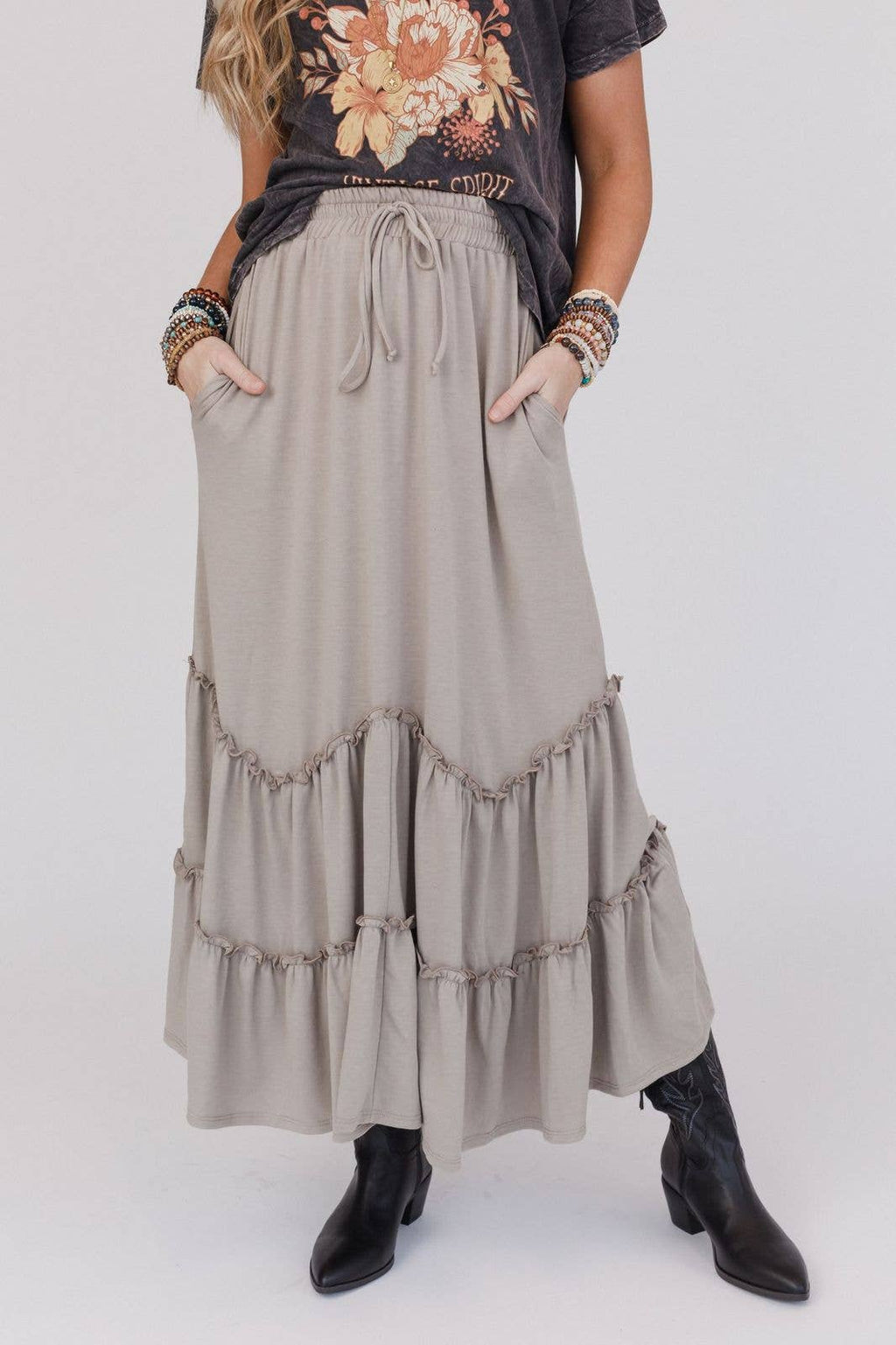 Bunches Of Love Tiered Maxi Skirt - Taupe