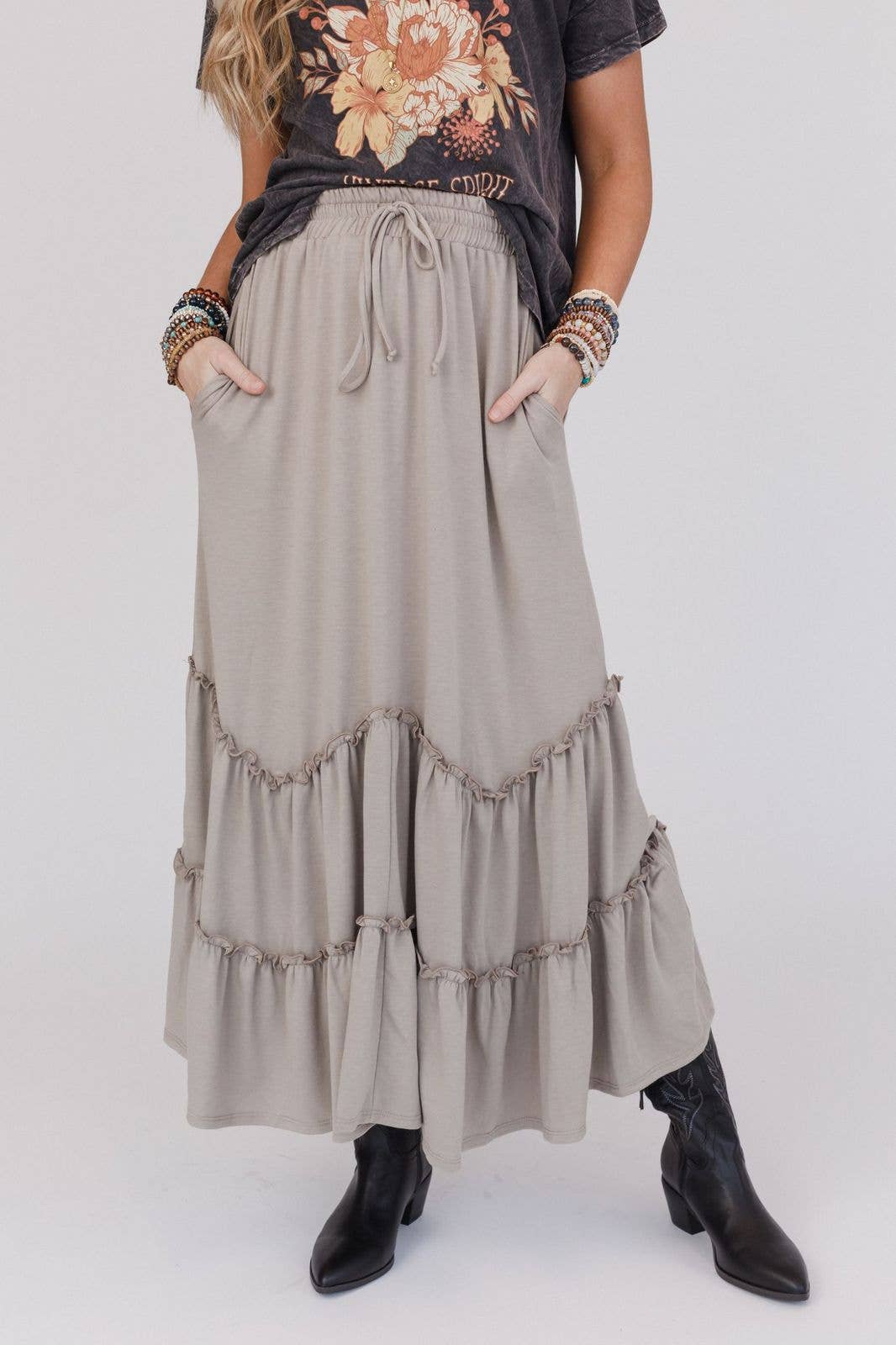 Bunches Of Love Tiered Maxi Skirt - Taupe