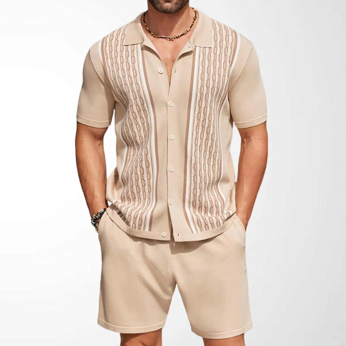 Men's Casual Knit Set Color Block Cardigan and Shorts