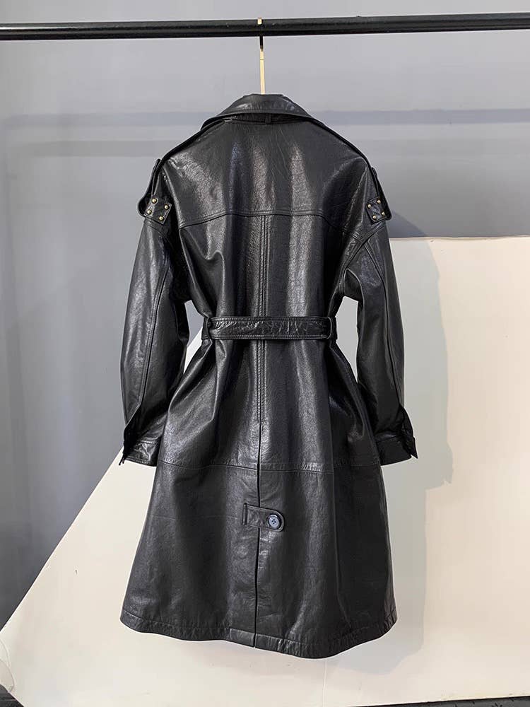 CT181Y Women’s Mid-Length Stylish Waxed Leather Trench Coat
