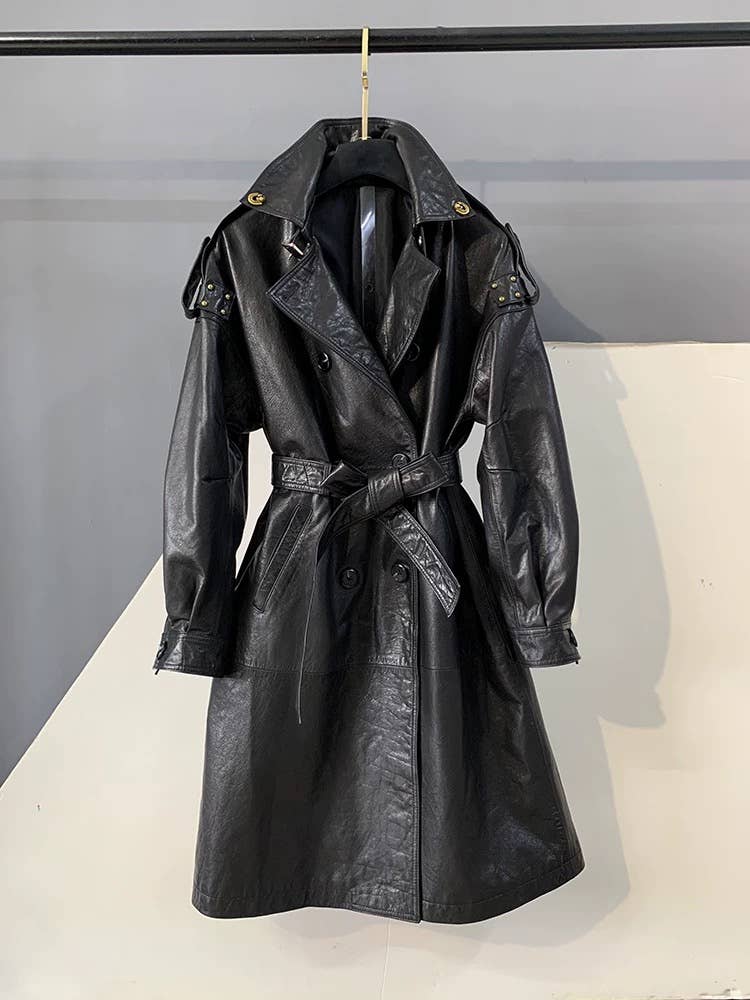 CT181Y Women’s Mid-Length Stylish Waxed Leather Trench Coat