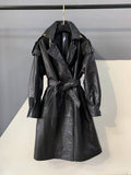 CT181Y Women’s Mid-Length Stylish Waxed Leather Trench Coat
