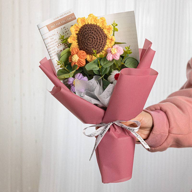 Handmade Crochet Sunflower Bouquet, Artificial Silk Rose, Graduation Gift, Everlasting Flowers For Mother's Day
