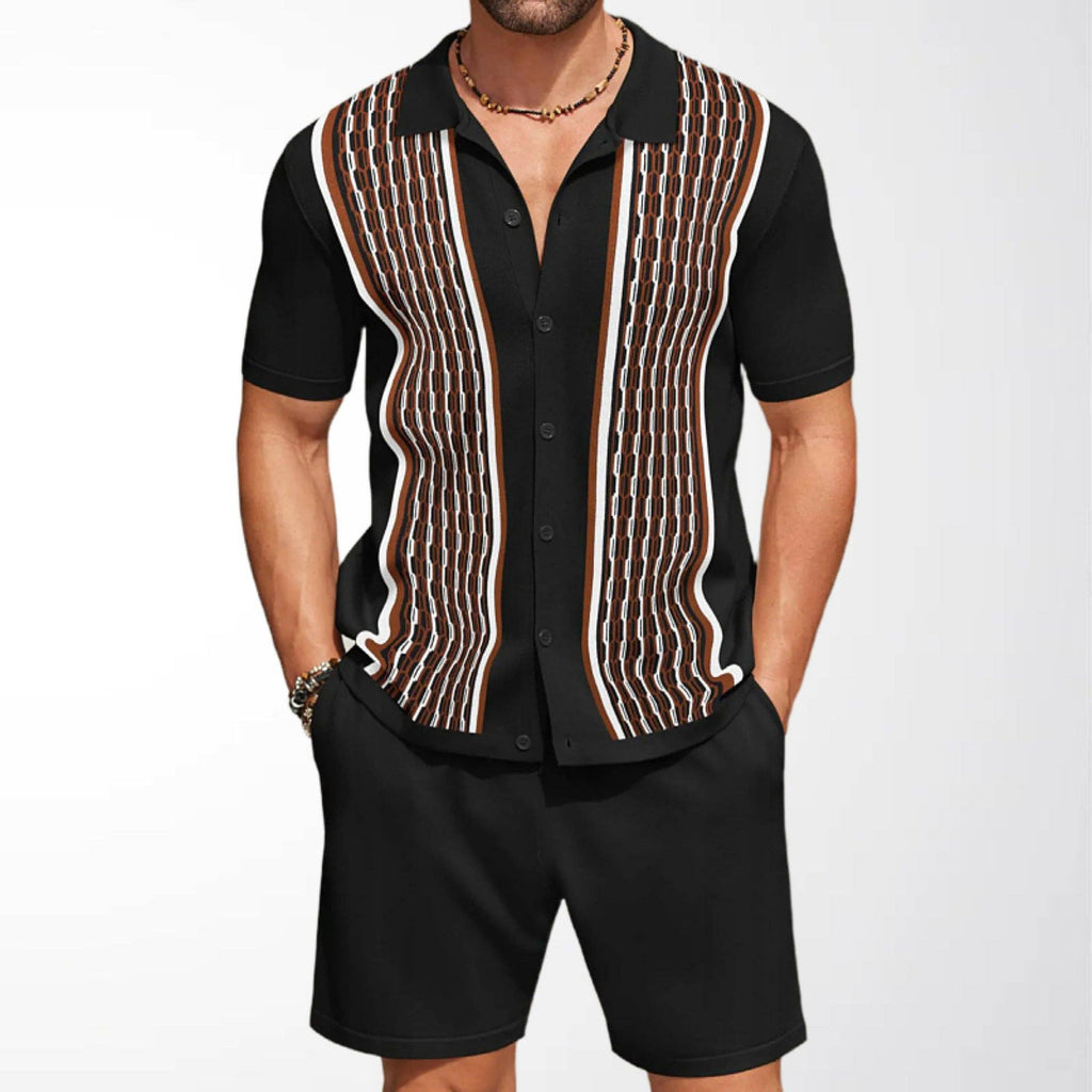 Men's Casual Knit Set Color Block Cardigan and Shorts