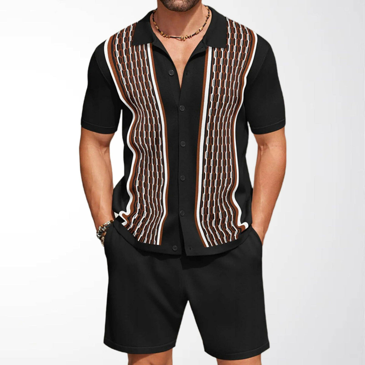 Men's Casual Knit Set Color Block Cardigan and Shorts